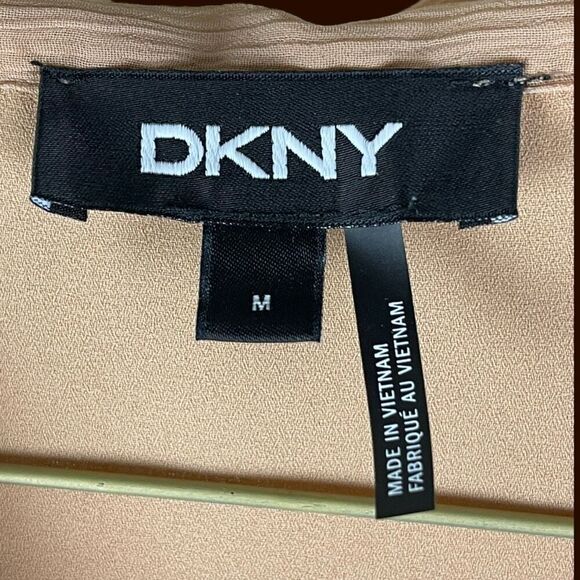 DKNY Women’s Tie Neck Long Sleeve Blouse in Taupe with Gold Contrast Stitching | - Picture 5 of 7